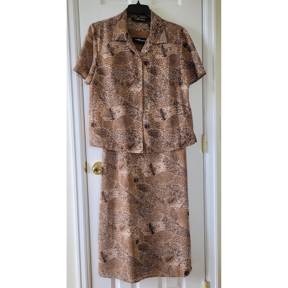 Sag Harbor Dress Jacket Dress Size 14 Animal Print Tan Brown Vintage Lightweight